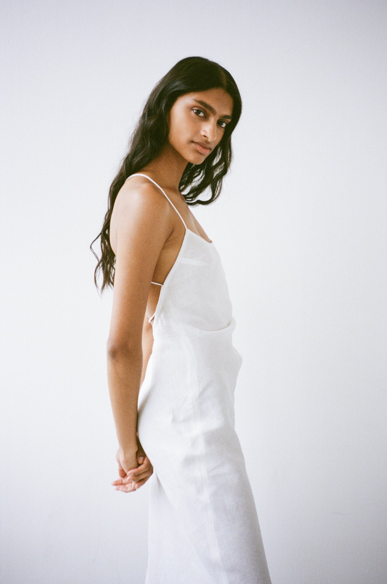Side Drape Linen Dress - Off White