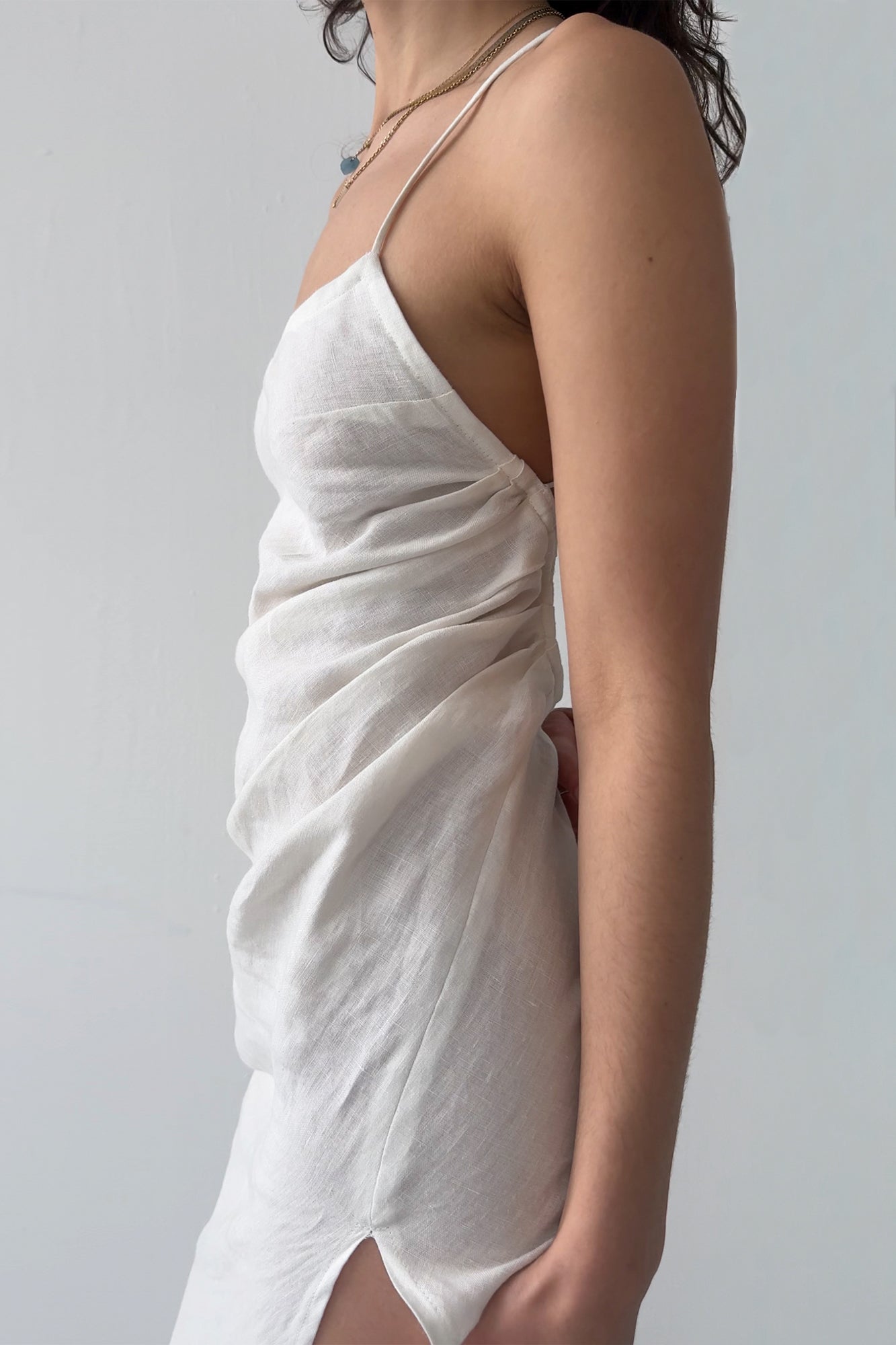 Side Drape Linen Dress - Off White