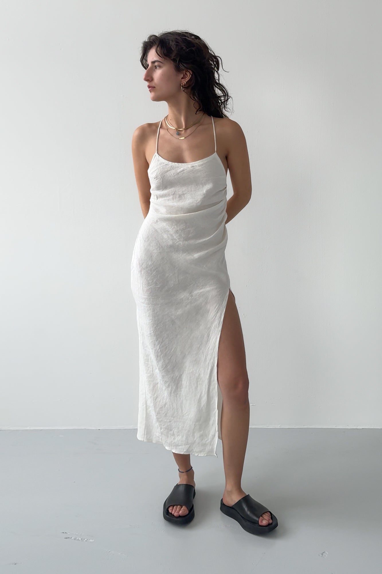 Side Drape Linen Dress - Off White