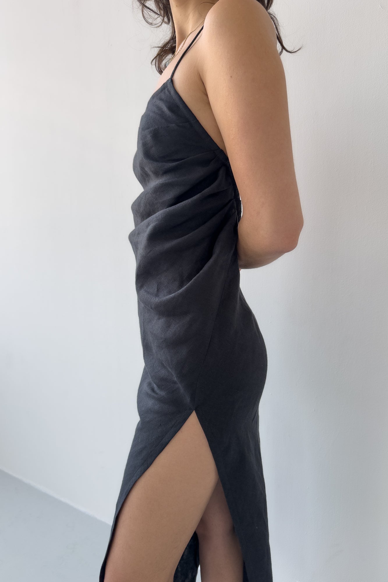Side Drape Linen Dress - Midnight