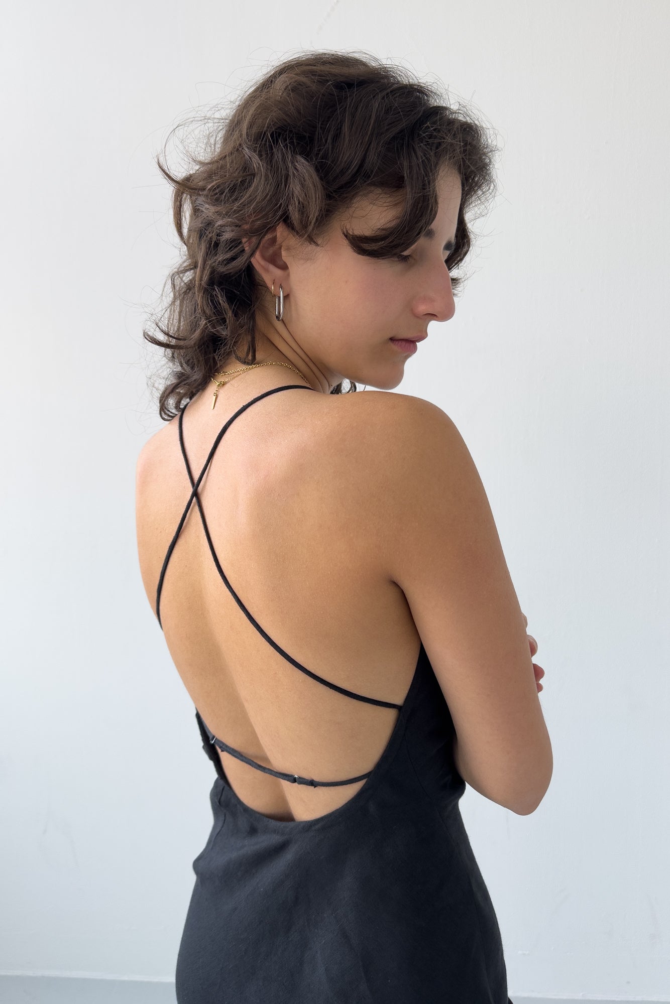 Side Drape Linen Dress - Midnight