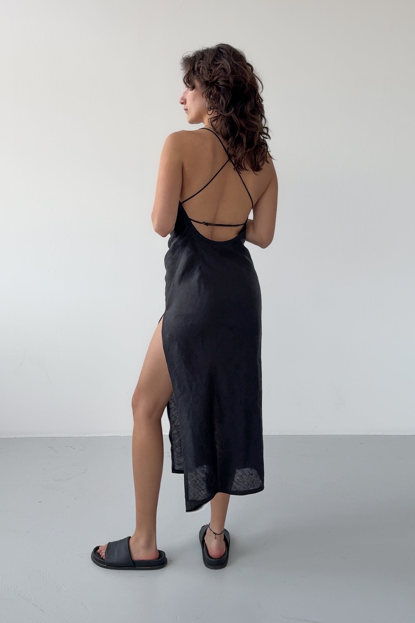 Side Drape Linen Dress - Midnight