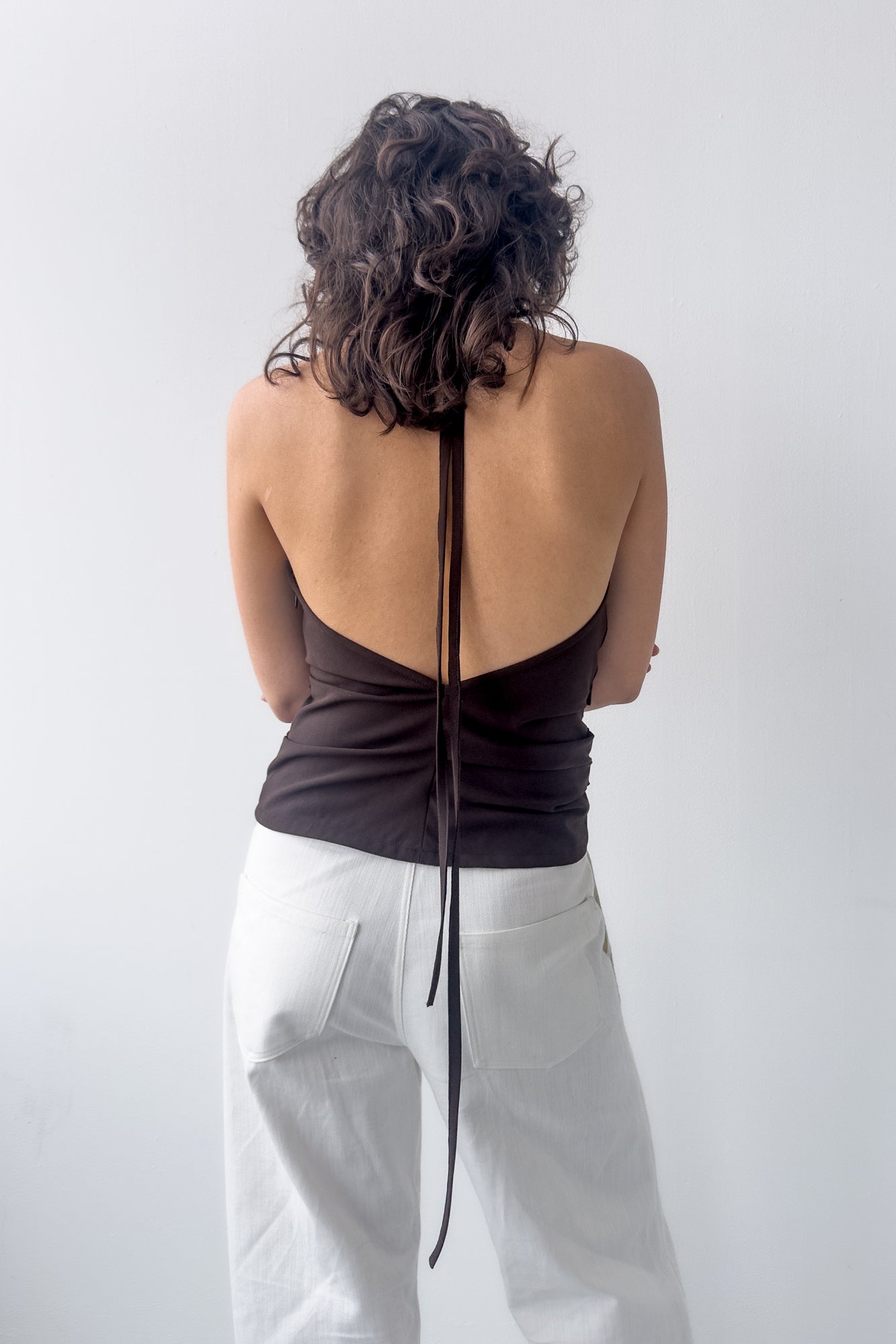 Draped Backless Halter Top - Chocolate