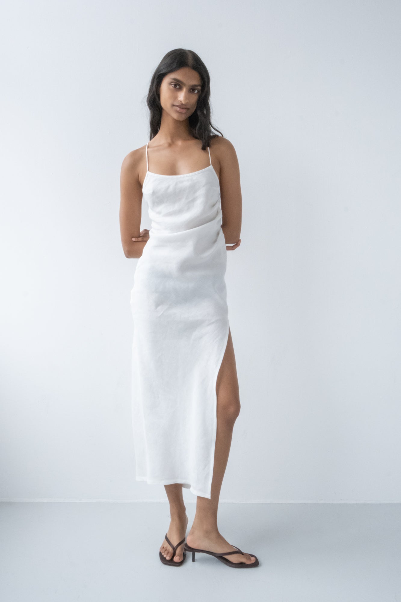 Side Drape Linen Dress - Off White