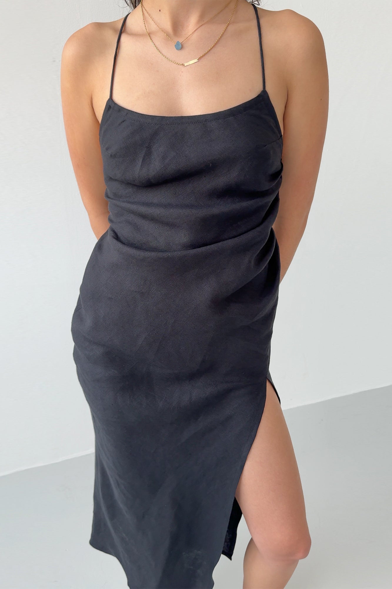 Side Drape Linen Dress - Midnight